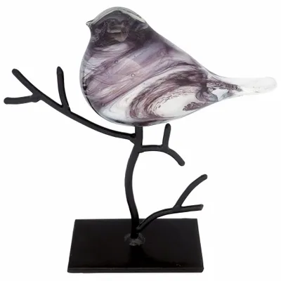 Objets de décoration - Oiseau violet en verre pailleté dore sur branche métal, H : 26 cm - TRADE WINDS