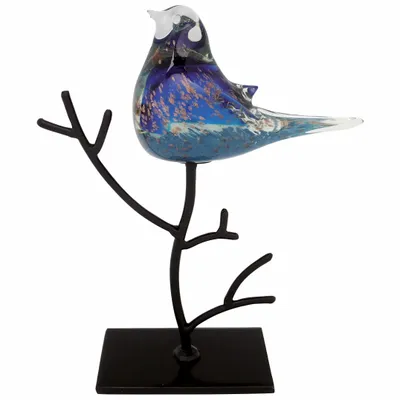 Objets de décoration - Oiseau bleu en verre pailleté dore sur branche métal, H : 26 cm - TRADE WINDS