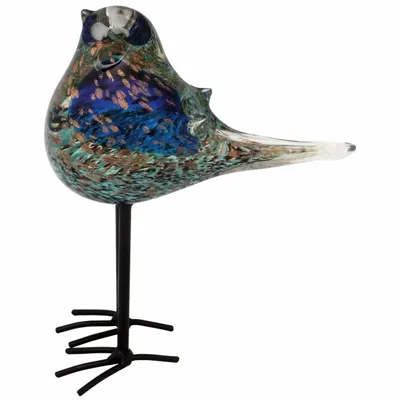Objets de décoration - Oiseau bleu en verre pailleté dore sur pieds, H : 18 cm - TRADE WINDS