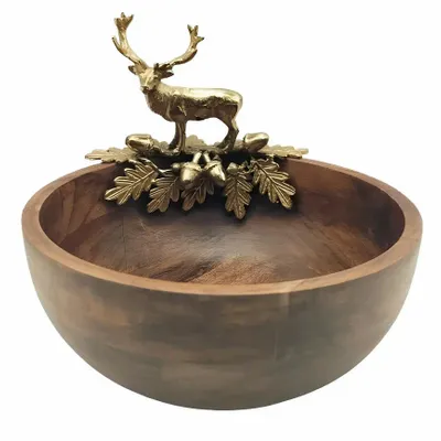 Decorative objects - BROWN WOODEN 'CHRISTMAS' BOWL+GOLDEN DEER DECOR - FANCY