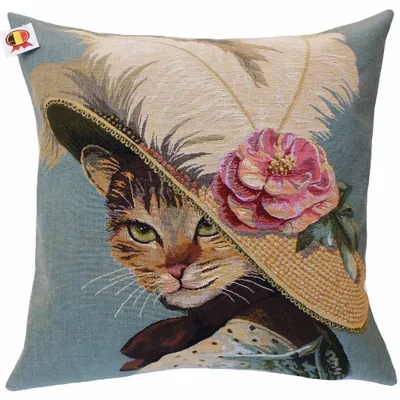 Fabric cushions - Cat tapestry cushion Flower hat - ROLANDE DU DREUILH  LACE JEWEL