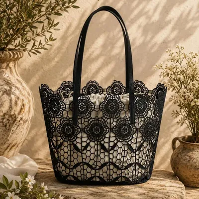 Sacs et cabas - Cabas dentelle smili cuir noir - ROLANDE DU DREUILH  LACE JEWEL