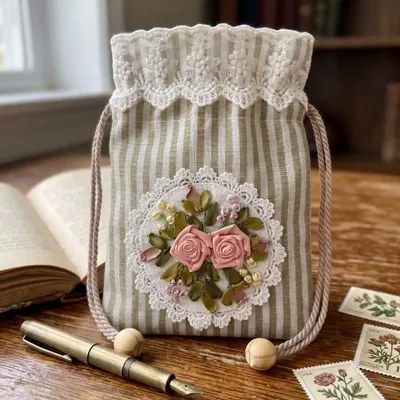 Pochettes - Bourse rayé dentelle fleuri 14*18cm - ROLANDE DU DREUILH  LACE JEWEL