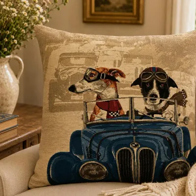 Coussins textile - Coussin tapisserie tacots bleu chien - ROLANDE DU DREUILH  LACE JEWEL
