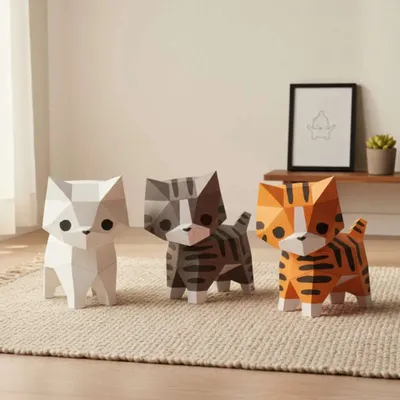 Children's decorative items - Papercraft 3D DIY Kits - Brown Paper Mini Cat - MOKI MOKI