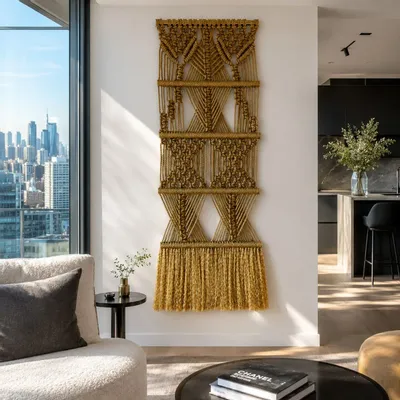 Tapestries - Golden Macramé Wall Hanging – Handcrafted Textile Art - NŒULUXE