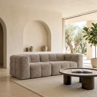 Sofas - ASTANA Bouclette Taupe Sofa - EMPREINTE DU TEMPS