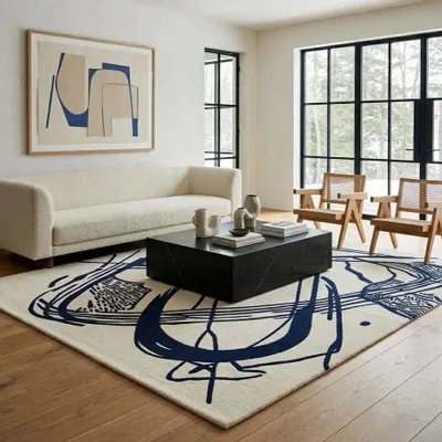 Contemporary carpets - Orbit of Expression Navy Blue Ivory Modern Handmade Area Rug - NUZRAT CARPET EMPORIOUM