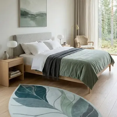 Contemporary carpets - Modern Botanica Leaf Rug — Ethereal Ocean Area Rug - NUZRAT CARPET EMPORIOUM