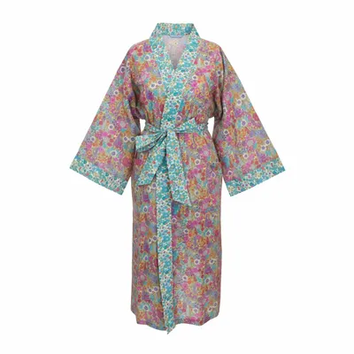 Sleepwear - Long Kimono Robe Ciara Lime - Made with Liberty Fabric - LIME TREE DESIGN
