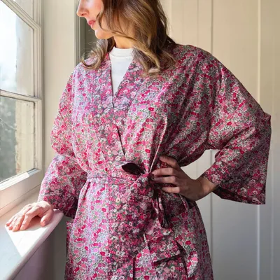 Vêtements de nuit - Peignoir kimono long Poppy Forest, fabriqué en tissu Liberty - LIME TREE DESIGN