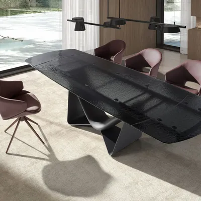 Dining Tables - Extendable barrel oval dining table in black glass, steel, dark grey fiberglass and metal - ANGEL CERDÁ
