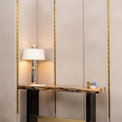 Hotel bedrooms - Lobby Console Geometry Grey Figured Sikomoro Top Bronze Lacquered Wood - DUISTT