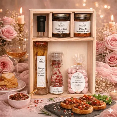 Épicerie fine - COFFRET bois Pink Gourmet Délice de tomates séchées 80g Confit d'olives aux figues 100g Vinaigre aux baies roses, échalotes & romarin Bouteille originale 20cl Diamants de l'Himalaya & baies roses Petit moulin 100g Amandes chocolat dragéifiées 150g Coff... - CATRICE GOURMET