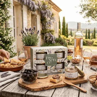 Delicatessen - Box of 4 Terrines Black olive terrine 100g Dried Fig Terrine 100g Lavender Flower Terrine 100g Farigoule terrine 100g - CATRICE GOURMET