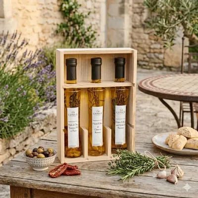 Delicatessen - DISCOVERY WOOD BOX 3 Flavoured Olive oils Virgin Olive oil Tomato, Garlic and Thyme Original Bottle 20cl Virgin Olive oil Lemon and Rosemary Original Bottle 20cl Virgin Olive oil With Herbs from Provence Original Bottle 20cl Wooden box aperitif tray0 - CATRICE GOURMET