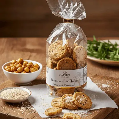 Delicatessen - Chickpea, sesame & parmesan biscuits 150g New for 2026 - CATRICE GOURMET