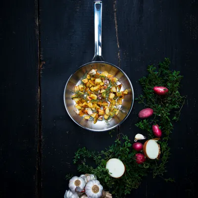 Frying pans - 1826 Brushed Stainless Steel Frying Pan with Polished Fixed Handle - CRISTEL