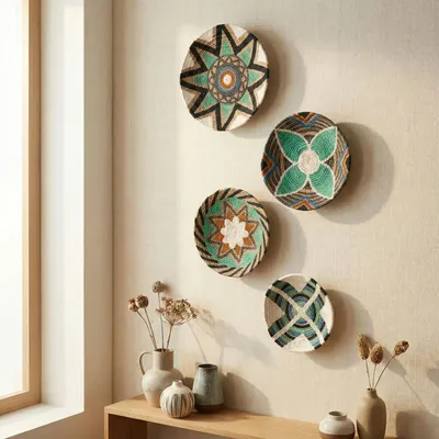 Autres décorations murales - Emerald Horizon : ensemble de 4 assiettes murales en osier faites à la - SARMAL DESIGN