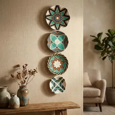 Autres décorations murales - Emerald Horizon : ensemble de 4 assiettes murales en osier faites à la - SARMAL DESIGN