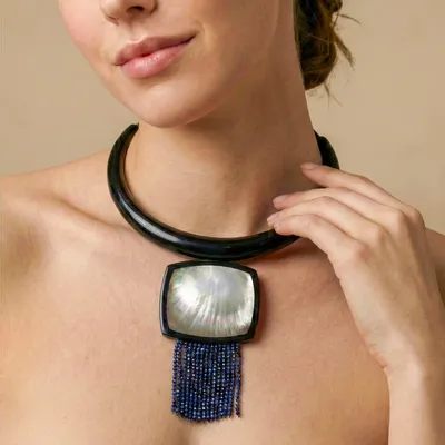 Jewelry - Lapis lazuli & black lip tork necklace - Calypso - NATURE BIJOUX