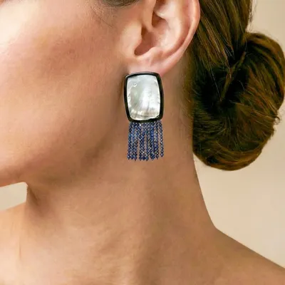 Jewelry - Rectangle clips earrings with lapis dangles - Calypso - NATURE BIJOUX