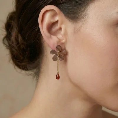 Jewelry - Brown lip post earrings with garnet dangle - Belle De Nuit - NATURE BIJOUX