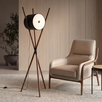 Lampadaires - Lampadaire en bois tapissé en similicuir noir et noyer foncé - ANGEL CERDÁ