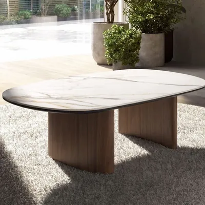 Coffee tables - Organic-Shaped Porcelain Marble and Walnut Coffee Table - ANGEL CERDÁ