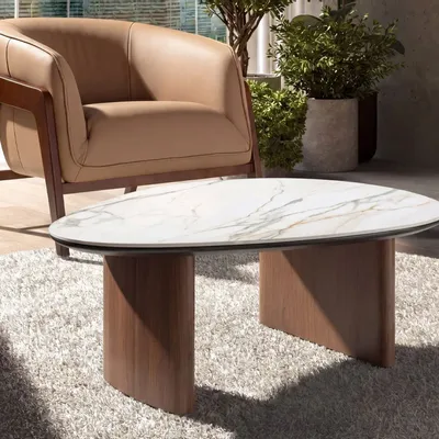 Coffee tables - Organic-shape coffee table in porcelain marble and walnut - ANGEL CERDÁ