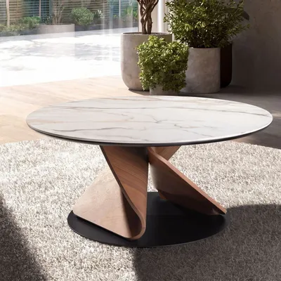 Tables basses - Table basse ronde en marbre céramique, noyer et acier noir - ANGEL CERDÁ