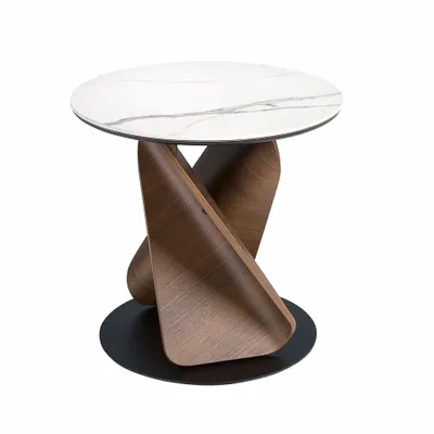 Coffee tables - Round Porcelain Marble, Walnut and Black Steel Side Table - ANGEL CERDÁ