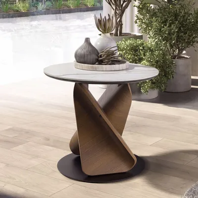 Tables basses - Table d'appoint ronde en marbre céramique, noyer et acier noir - ANGEL CERDÁ