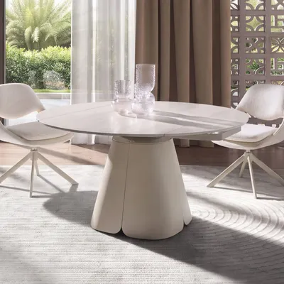 Tables Salle à Manger - Table de salle à manger ronde extensible en marbre céramique et acier couleur sable - ANGEL CERDÁ