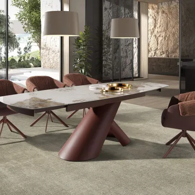 Dining Tables - Extendable barrel oval dining table in porcelain marble and copper-brown steel - ANGEL CERDÁ