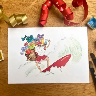 Card shop - Xmas postcard- Père Noël Surfing - POP ET SES FRÈRES