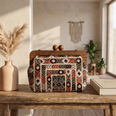 Sacs et cabas - Sac brodé baloutche terracotta et gris avec cadre en bois de noyer - DASTHAA