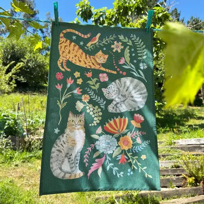 Tea towel - Folk Art Cats Tea Towel - ZOOH