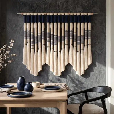 Autres décorations murales - Indigo Wave : installation murale asymétrique moderne en macramé faite - SARMAL DESIGN
