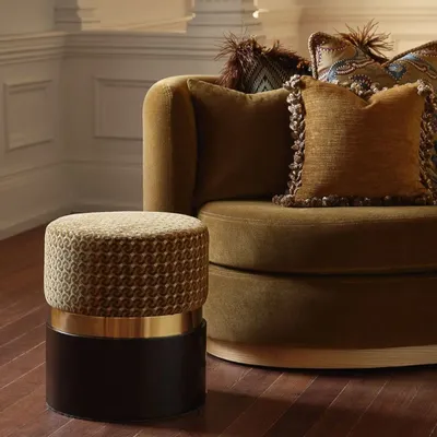 Stools for hospitalities & contracts - Lune B Round Pouf diam 40cm, Fabric seat, Brass & wood Base - DUISTT