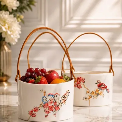 Decorative objects - Hand-Painted Ceramic Basket – Floral Birds Collection - DASTHAA