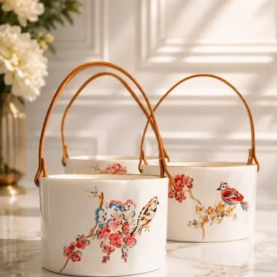 Decorative objects - Hand-Painted Ceramic Basket – Floral Birds Collection - DASTHAA