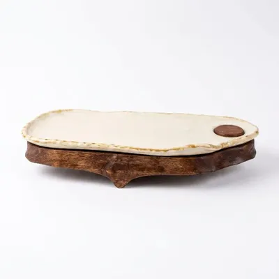 Platter and bowls - Handcrafted Ceramic Rectangular Serving Tray with Wooden Base - DASTHAA