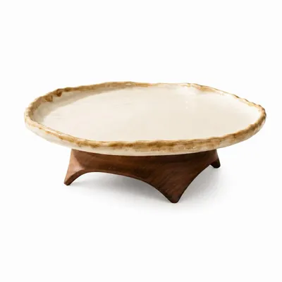 Platter and bowls - Handcrafted Ceramic Pedestal Serving Plate with Wooden Base - DASTHAA