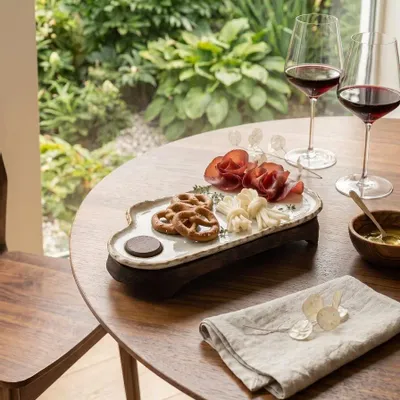 Platter and bowls - Handcrafted Ceramic Rectangular Serving Tray with Wooden Base - DASTHAA