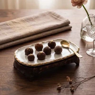 Platter and bowls - Handcrafted Ceramic Oval Serving Tray with Wooden Base - DASTHAA