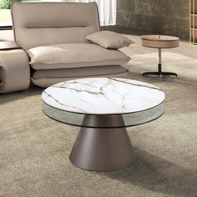 Tables basses - Table basse extensible ronde en verre trempé, marbre céramique et acier gris argenté - ANGEL CERDÁ
