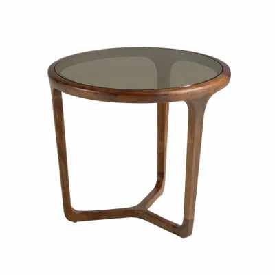 Tables basses - Table d’appoint ronde en verre fumé marron et noyer - ANGEL CERDÁ