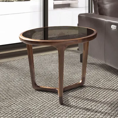 Tables basses - Table d’appoint ronde en verre fumé marron et noyer - ANGEL CERDÁ