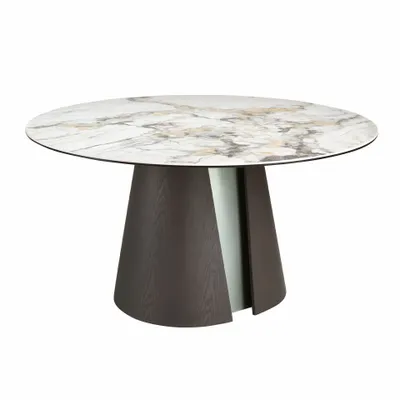 Dining Tables - Round dining table in porcelain marble, dark ash oak and silver-coloured wood - ANGEL CERDÁ